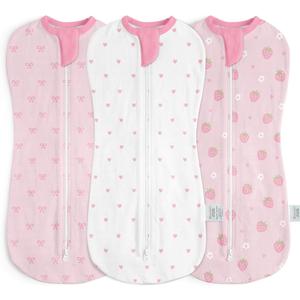 Baby Swaddle 0-2 Months, Cotton Arm-In Zipper Sleep Sack, Wearable Blankets Wrap for Newborn Infant Girls (Bow, Heart, Strawberry, Pack of 3)