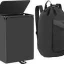 60L 2-in-1 Laundry Hamper with Laundry Backpack, Waterproof Basket with Lid, Laundry Bag with Shoulder Straps and Mesh Pocket, Hamper for College Dorm, Travel, Apartment, Laundromat (Black)