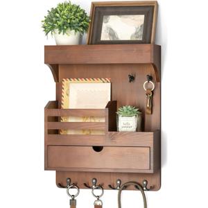 Rebee Vision Farmhouse Key Holder Wall Mount with Drawer Organizer Pine Wooden Mail and Key Organizer for Wall with 6 Sturdy Hooks & Floating Shelf Perfect for Retro Living Room Decor (Brown)