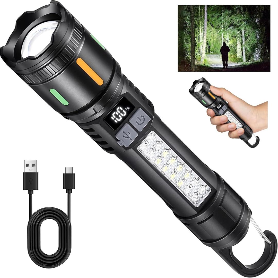 Rechargeable Led Flashlights High Lumens - 3000lm Super Bright Tactical Flashlight with Cob Sidelight and Hook, 5 Light Modes, Ipx6 Waterproof, for Camping, Repairs, and Home Emergencies