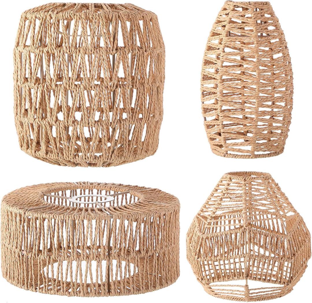 Baquler 4 Pcs Lamp Shade Pendant Light Shade Woven Lampshade Hanging Replacement Light Covers Boho Lamp Cover Home Decor, Farmhouse Rustic Wall Sconces for Table Lamps Floor Lamps