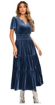 R.Vivimos Women's Fall Winter Vintage Velvet Dress Short Sleeve V Neck Elastic Waist Tiered Ruffle A-Line Flowy Maxi Dress , XL