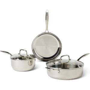 Amazon Basics Stainless Steel Cookware Set, 5-Piece, All Cooktop Friendly, Dishwasher-Safe, Induction Compatible