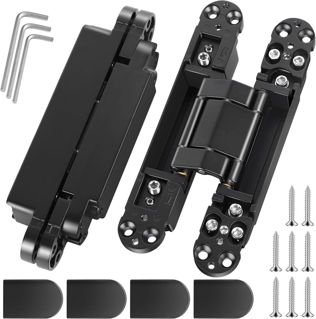 7 Inch Invisible Door Hinges (2 Pack), 3D Adjustable Hidden Door Hinges for Doors, 180 Degree Swing Heavy-Duty Zinc Alloy Concealed Hinge, 177 lbs Load-Bearing, Matte Black Finish