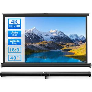 40 inch Small Projector Screen, Goldengrainv Retractable Pull Up Screen, Floor Projector Screen, 16:9 4K Portable Screen for Projector, Roll Down Movie Screen for Gaming Indoor, Mini White Screen