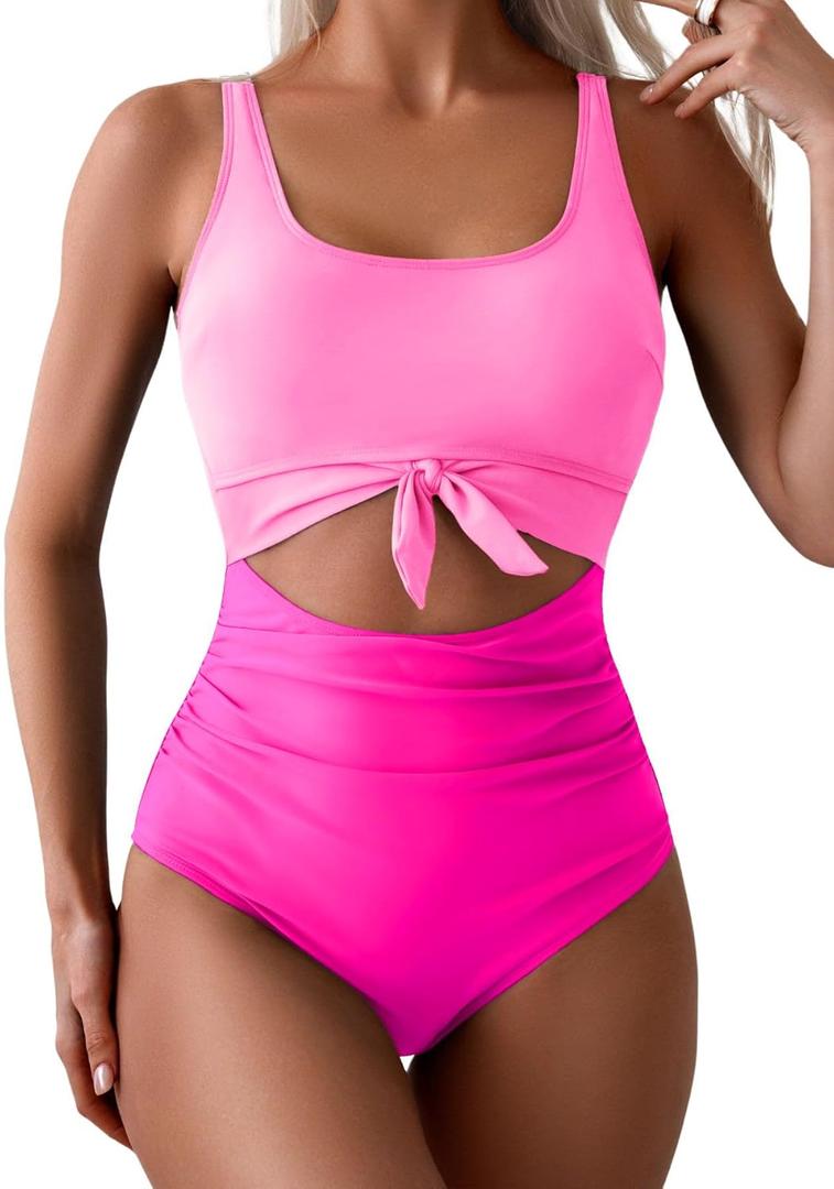 Eomenie Women's One Piece Swimsuit Tummy Control Slimming Bathing Suit Cutout Tie Knot Swimwear (XX-Large, Pink Color Block)