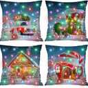 4 Pieces Christmas Light Pillow Covers Holiday Pillow Cover Throw 18 X 18 Inch Christmas Pillow Cover Xmas Pillow Case with Led Lights Rustic Sofa Back Throw Cushion Cover for Winter Holiday