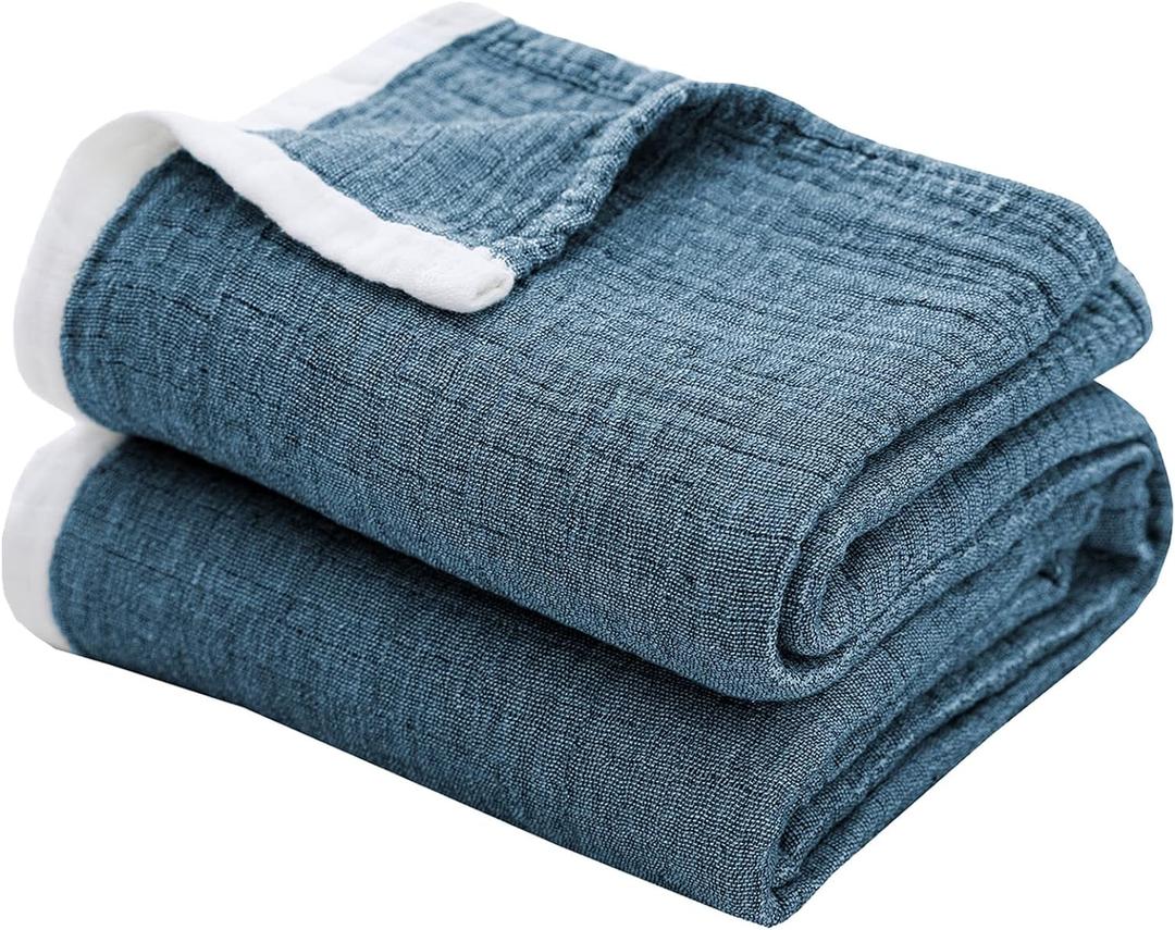 SE SOFTEXLY Cotton Muslin Throw Blanket for Adults,Breathable 4-Layer Yarn Dyed Linen Texture Gauze Blanket for Bed Sofa Couch,Super Soft Light Weight Blanket for All Season, (Throw-50" x 60", 1-vintage Blue)