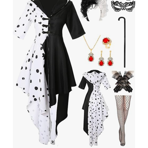 9pcs Women Black and White Dalmatian Costume Dress Up Full Set with Wig for Halloween Cosplay, Large