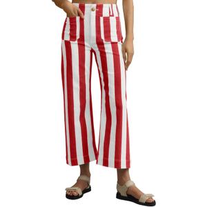 Tankaneo Womens Cropped Striped Jeans Casual High Waisted Stretchy Polka Dots Straight Leg Denim Pants with Pockets, 2, Red