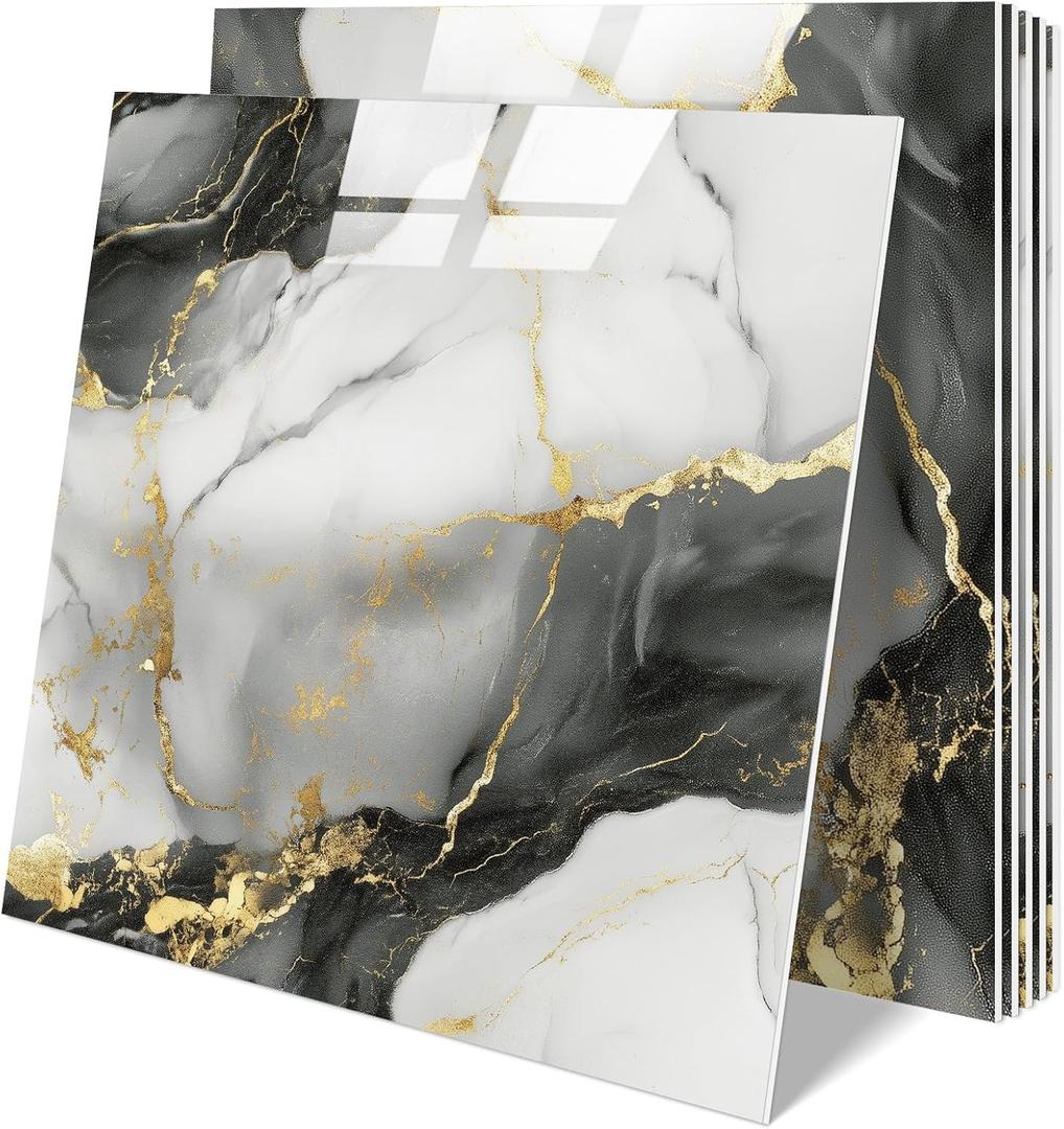 10 Sheets Marble Peel and Stick Backsplash Tile, 12"x12" Waterproof PVC Self Adhesive Tile Shower Wall Panels for Bathroom, Kitchen, Living Room (Metallic Grey)