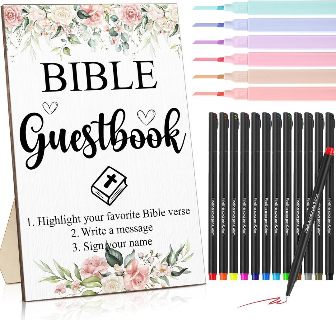Geelin 19 Pcs Bible Wedding Guestbook Sign and Pens Set Greenery Wooden Standing Bible Guest Book Sign 6 Highlighters 12 Fine Point Pens for Baby Shower Bridal Shower Party (Flower)
