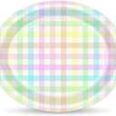50Pcs Easter Oval Paper Plates Blue Pink Yellow Buffalo Plaid Dinner Plates Disposable Large Farmhouse Heavy Duty Paper Platter Colorful Plaid Dessert Plate for Seasonal Spring Party Supplies