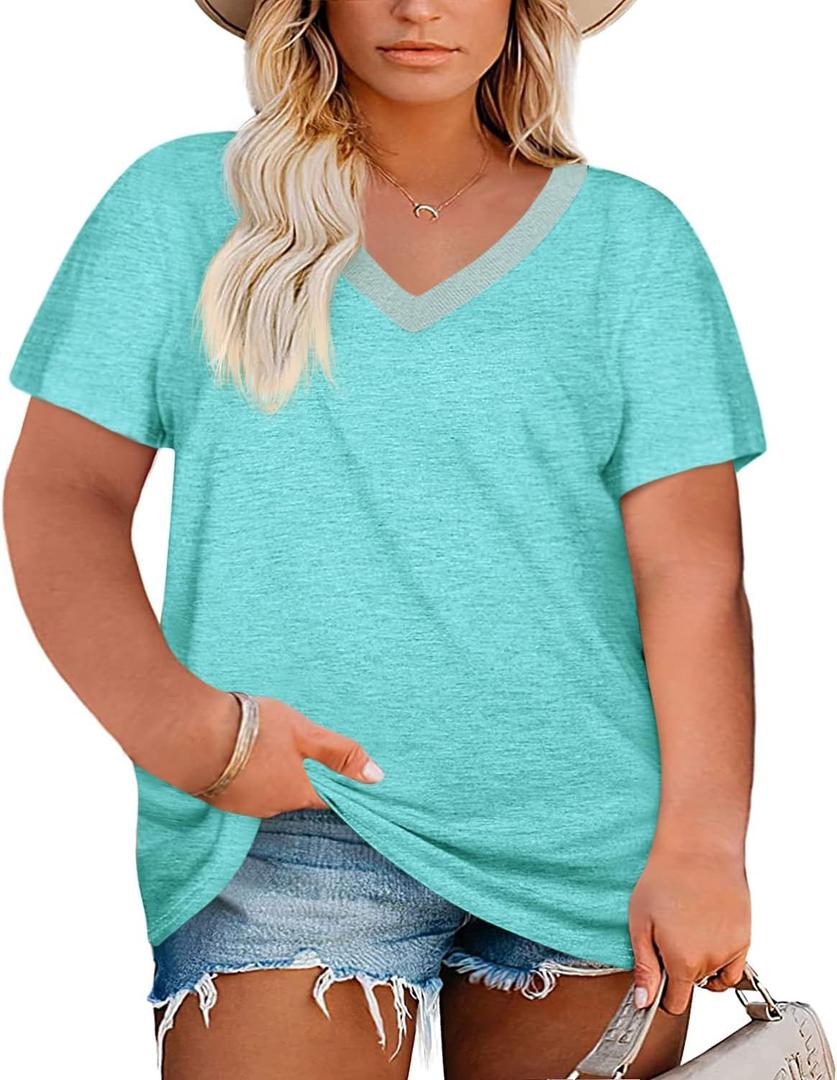 Womens Plus Size V Neck T Shirts Summer Short Sleeve Sexy Tops T-Shirts Tunic Casual Loose Fit Soft Basic Tees