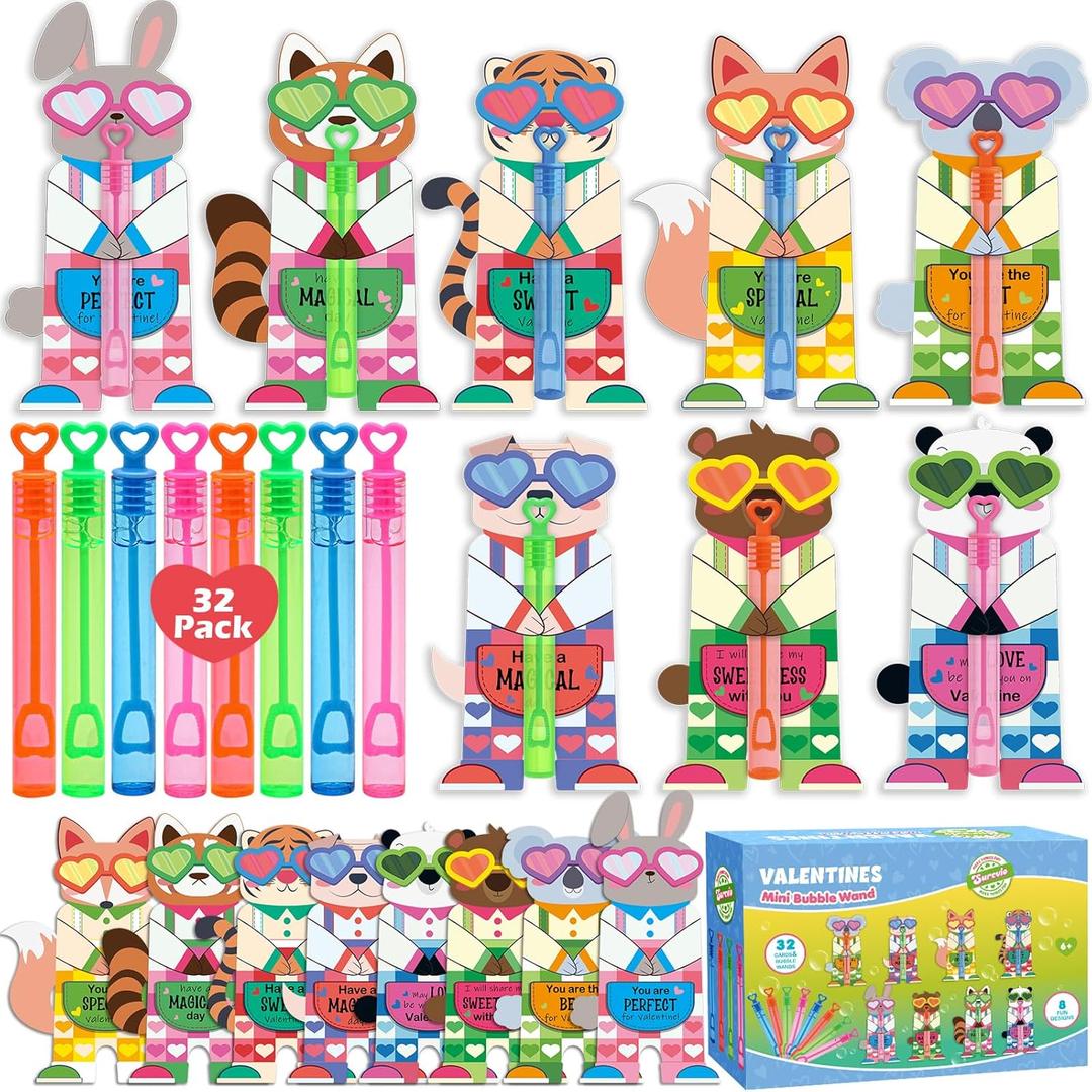 Valentines Day Gifts for Kids, 32 Pack Mini Bubble Wands with Valentines Animal Themes Greeting Cards for Kids, Valentine's Day School Prize Party Favor, Classroom Exchange Gift Set