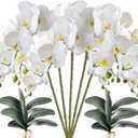 HinyoCo 5 Pcs Artificial Orchid Flowers and 4 Bundles Leaves, Artificial Phalaenopsis Flowers 32 Inch Stem Plants for Home Wedding Decoration (White)
