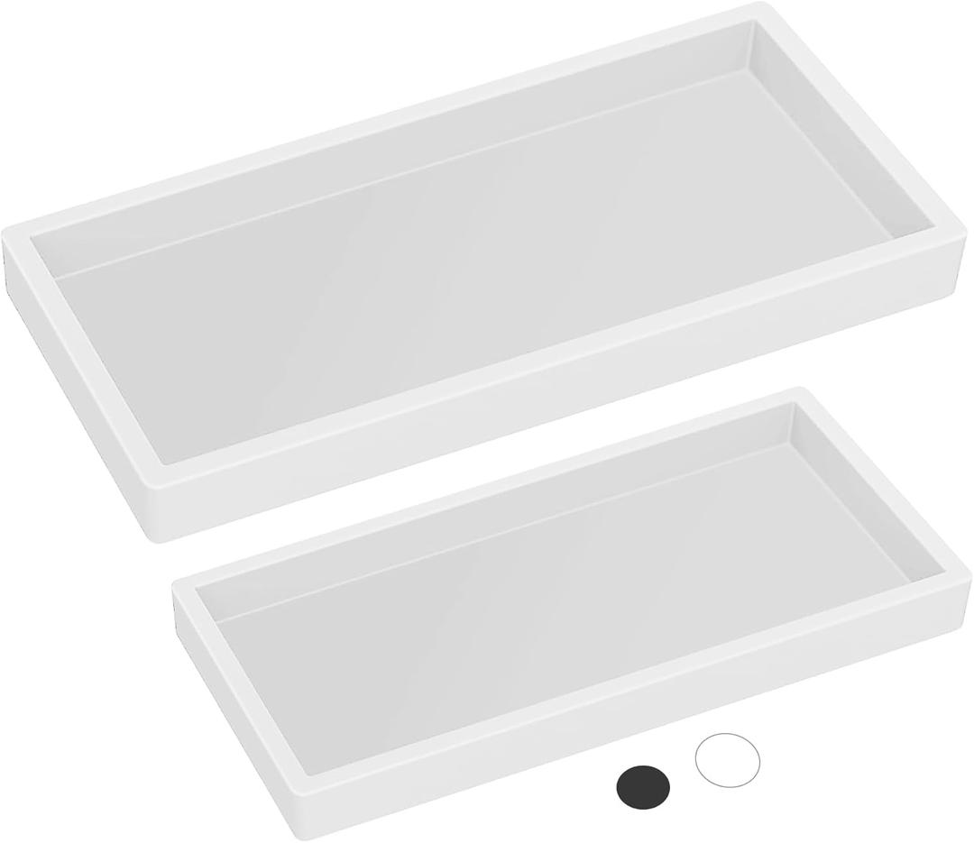 Silicone Countertop Tray  Small + Large Bathroom Vanity Organizer for Soap Dispenser, Lotion Bottles, Perfume, Candles, Keys  Shatterproof Sink Tray (Set - Small (7.8") + Large (11.8"), White)