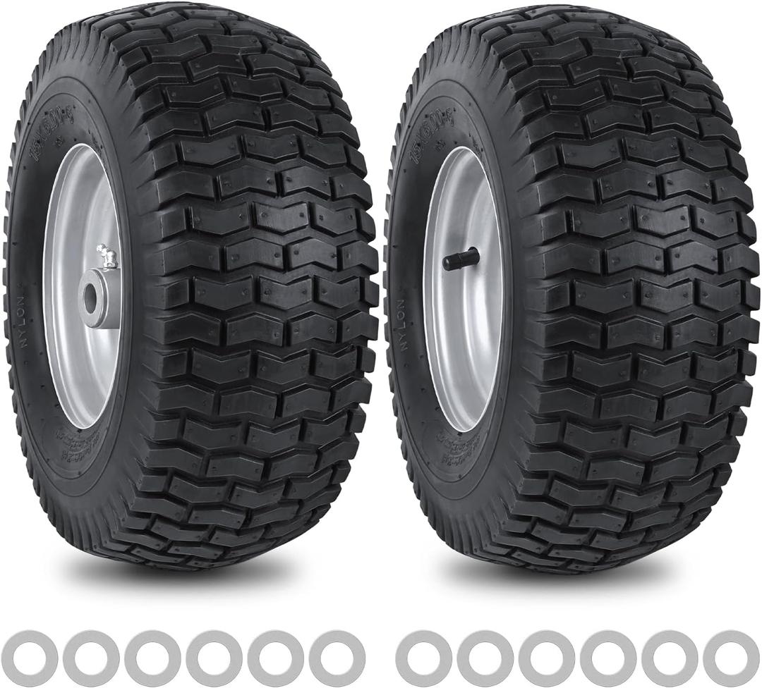 15x6.00-6nhs Lawn Mower Front Tire 4 Ply 15x6x6 Lawn Mower 570 Lbs Tire and Wheel with 3/4" Iron Bushing and 12 Spacers, Replacement for Garden Lawn Tractor Riding Lawn Mowers, 2 Pack (Silver)