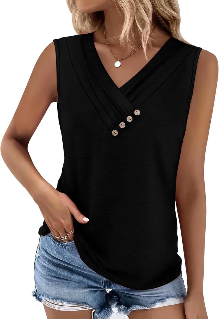 Sampeel Tank Top for Women Summer Button Down V Neck T Shirts Sleeveless Loose Fit Fashion Tops 2026 (Black, L)