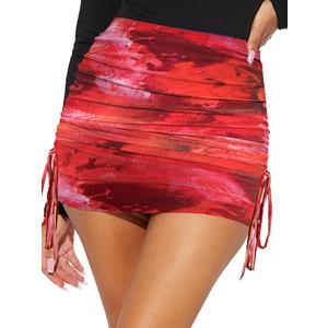 Oumrdeo Womens Sexy Mesh Ruched Bodycon Mini Skirt High Waist Adjust Drawstring Short Skort (Red, XXL)