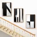 Large Framed Wood grain color Neutral Abstract Wall Art for Living Room, 3 Piece Boho Canvas Prints Paintings Artwork for Walls, Minimalist black white pictures for Hallway Office Wall Decor 24x32 In