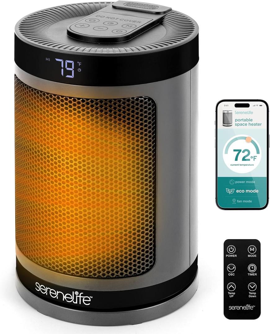 SereneLife Smart Space Heater  1500W Indoor Electric Heater with Thermostat, Remote Control, 12-Hour Timer, Wi-Fi Enabled PTC Ceramic Heating for Home and Office, Gray (5.9" x 5.9" x 9.5")