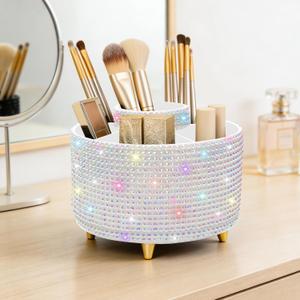 Diesisa Bling Makeup Organizer: 360Rotating Bling Rhinestone Cosmetic Display Cases -Diamond Makeup Brush Holder - 5 Slot Cup for Cosmetics - Bling Lipstick Organizer - Gift for Women - Diamond White