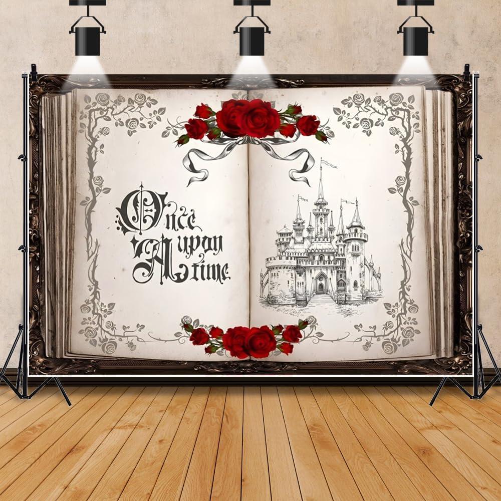 Leowefowa 7x5ft Once Upon a Time Backdrop for Photography Vintage Fairy Tale Books Opening Background Ancient Castle Red Rose Floral Romantic Story Birthday Wedding Party Banner Decor Studio Prop