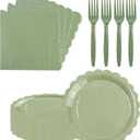 75pcs Sage Green Paper Plates and Napkins,25 Guest Sage Green Scalloped Paper Tableware Forks Disposable Dinnerwaret Kit for Baby Shower Bridal Wedding Birthday Party New Year Decorations