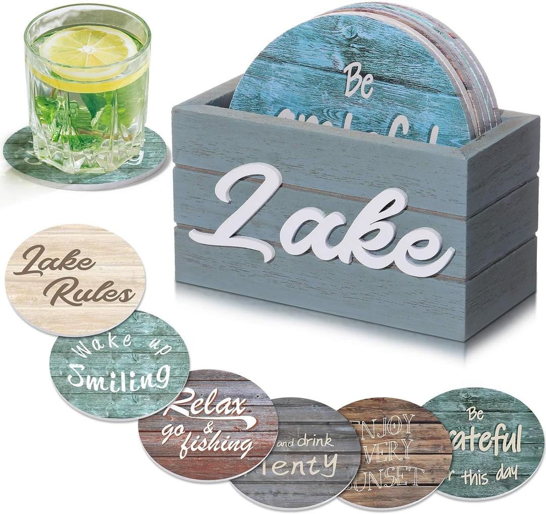 Queekay 6 Set Lake Theme Coasters with Holder for Drinks, Lake Lovers House Gifts, 4'' Wooden Coasters with Sayings House Warming Gifts New Home for Bar Coffee Table Decorations(Classic Color)