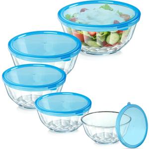 Thick Glass Mixing Bowls with Airtight Lids Set, 5-Piece Nesting Bowls for Baking & Meal Prep, BPA Free, Dishwasher Safe, 0.5/0.8/1.6/2.7/4.4 Quart - Blue