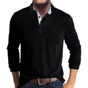 Men's Casual Polo Shirts Classic Button Basic Long Sleeve Shirt Solid Color Cotton Tees Stylish Tops Large
