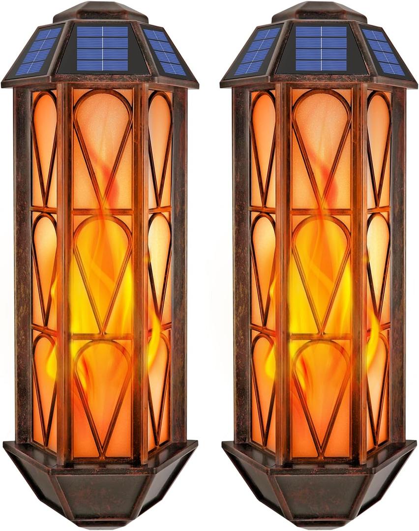 Solar Flame Wall Sconce Lights Outdoor, 74 LED Flickering Flame Sconces, Solar Powered Auto On/Off, Waterproof Wall Lanterns for House Garage Doorway Garden Porch Patio Yard Decoration (2 Pack)