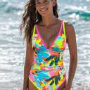 popvil Women's One Piece 2025 Tummy Control Swimsuits Neon Color Block Swimwear Deep V Neck Slimming Bathing Suit (Large, Blue Floral)