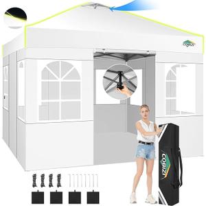 10x10 Pop Up Canopy - One Push Setup Tent, Glow Strips, 1 Sidewalls | Waterproof UPF50+ Shelter with Air Vent, 3 Heights, Carry Bag, Sandbags, Stakes and Ropes for Beach, Patio and Events [Only 1 Sidewalls]