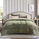 EVERGRACE Velvet Quilt Set King Size, Luxurious Soft Striped Channel Bedding Set, Lightweight Velvet Comforter for All Season, Oversized Bedspread Coverlet with 2 Matching Shams, Olive Green