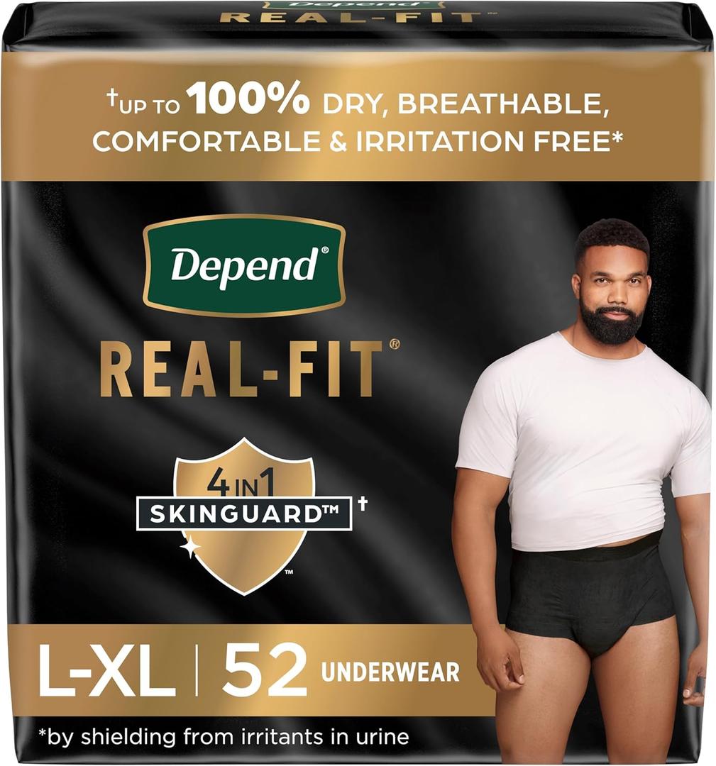 Depend Real Fit Incontinence Underwear for Men, Disposable, Maximum Absorbency, Large/Extra Large, Black, 52 Count (2 packs of 26), Packaging May Vary (Large/X-Large (Black))