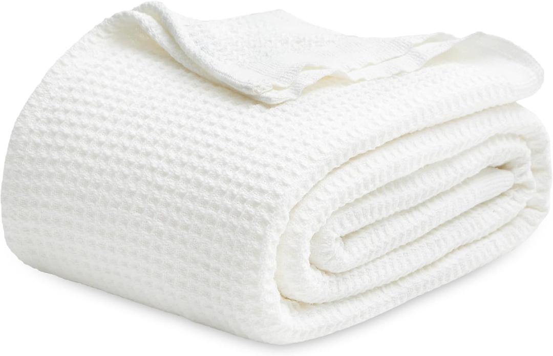 Bedsure 100% Cotton Blanket King Size for Bed - Breathable and Soft, Waffle Weave Blanket for Summer Spring, White, 104x90 inches
