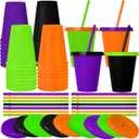 Skylety 16 Pcs Plastic Cups with Lids and Straws 16 oz Plastic Cups Coffee Reusable Tumbler Water Bottle Holiday Christmas Party Supplies Gifts for Drinking Coffee Cocoa(Halloween Color)