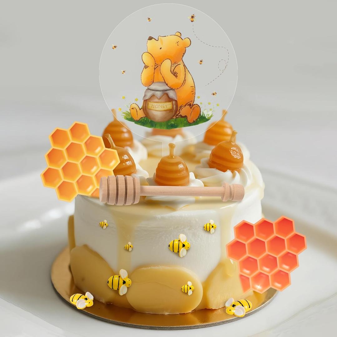 Vintage Winnie Cake Topper - Acrylic Cake Toppers Includes Insert Sign Honeycomb Pieces Honey Stick Resin Bees for Baby Shower Birthday Decorations Winnie Birthday Party Cupcake Dessert Decor