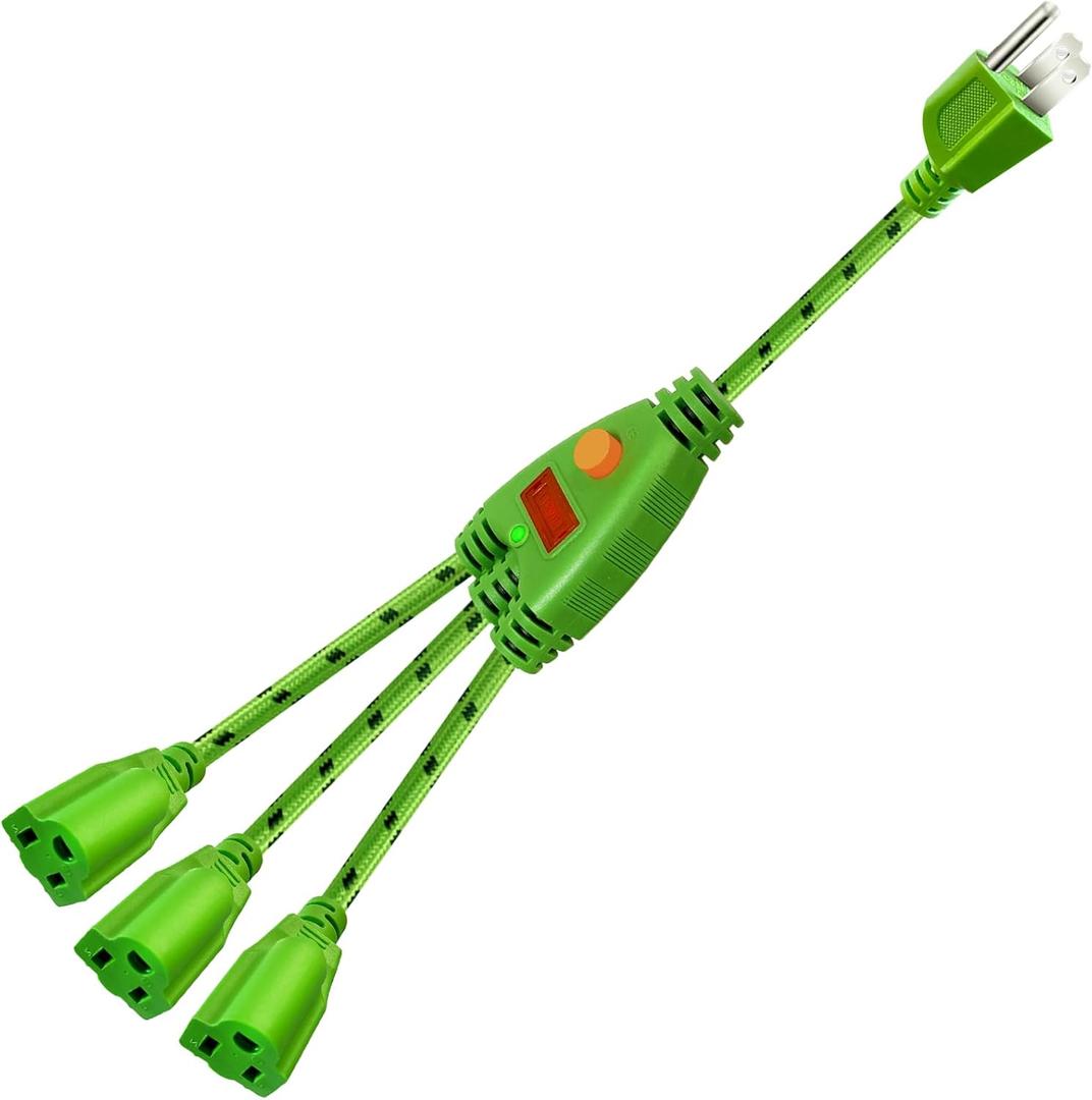 2 x 3 Way Extension Cord with LED Switch, 1.32FT Heavy Duty Green Power Cord Splitter,18AWG,10A/1250W,Automatic Overcurrent Protection,Indoor Use,for High-Power Electrical Appliances