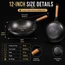Calmabode 12" Round Bottom Carbon Steel Wok with Glass Lid | Traditional Chinese round-bottom wok for Gas Stoves, Nitrided Carbon Steel, Glass Lid, Ideal for Wok Hei and Stir-Fry