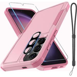 RMOCR Case for Samsung Galaxy S25, Full Body Heavy Duty Rugged Shockproof Protective Phone Cover with Lanyard Strap, Tempered Glass Screen Protector and Camera Lens Cover, Cute Pink