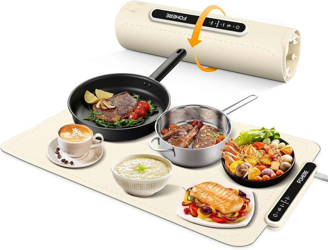 FOHERE Food Warming Mat, Fast Heating Electric Warming Tray with 3 Level Temperature, Roll-up Food-Grade Silicone Heating Pad, 3H Auto Shut-Off, Portable Food Warmer for Parties Buffet Home, White