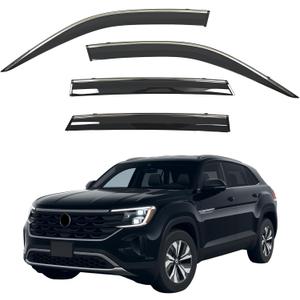 Window Visors Rain Guards fits 2018-2026 VW Atlas Cross Sport with Stainless Steel Trim, Out-Channel Side Window Wind Deflectors Vent Shades Accessories, 2019 2020 2021 2022 2023 2024 2025