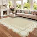Garvee Scalloped Washable Rugs for Living Room 8x10 Farmhouse Floral Area Rugs, Non Slip Low Pile Soft Dining Room Carpet, Stain Resistant Foldable Indoor Floor Mats for Home Office, Beige