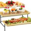 Lifewit 3 Tier Bamboo Serving Tray for Party Supplies, 12" x 6.5" Platters for Serving Food, Reusable Trays with Black Metal Display Stand for Veggie, Fruit, Cookies, Dessert