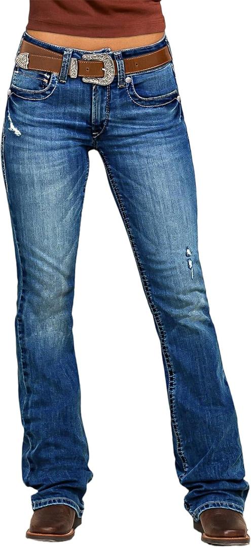 Flamingals Bootcut Jeans for Women Mid Rise Stretchy Ripped Western Distressed Jeans Butt Lifting Denim Pants Without Belt (Medium, Navy Blue)