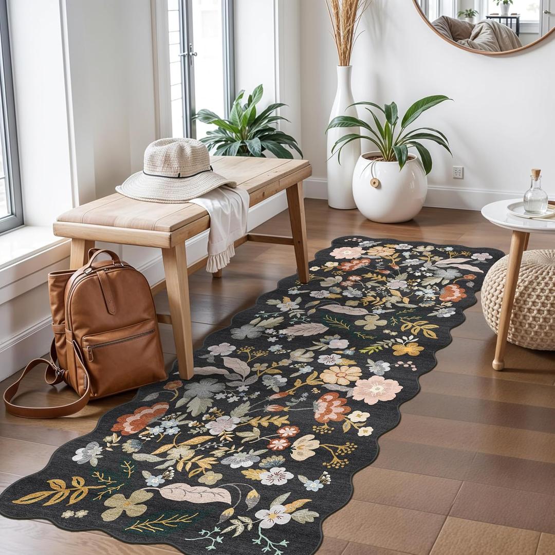 2x5 Rug Runner Non-Slip Washable Floral Small Rug for Kitchen, Bathroom, Hallway, Bedroom, Laundry Room, Entryway Boho Low-Pile Thin Scalloped Carpet Runner (Black,2x5)