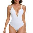 Ellareese Deep V Bodysuit for Women Thong White Bodysuit Women Tummy Control Low Back Shapewear L
